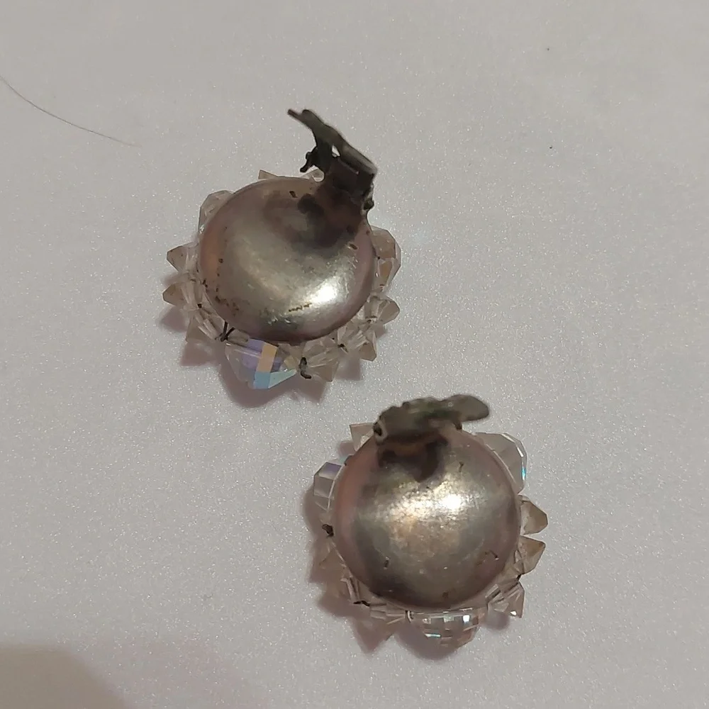 Vintage Germany AB Rhinestones Aurora Borealis Clip On Earrings - Picture 5 of 7